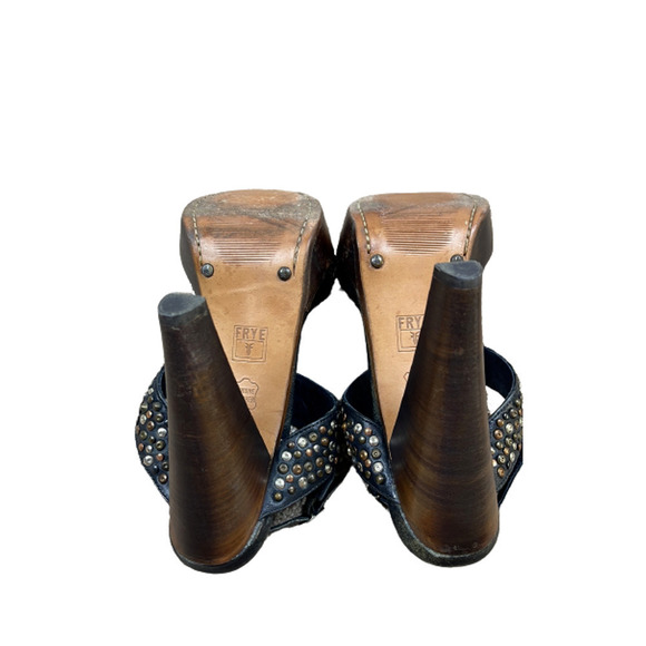 Frye "Joy" Black Slingback Studded Leather T-Strap Stacked Heel Pumps Size‎ 10B - Picture 9 of 10